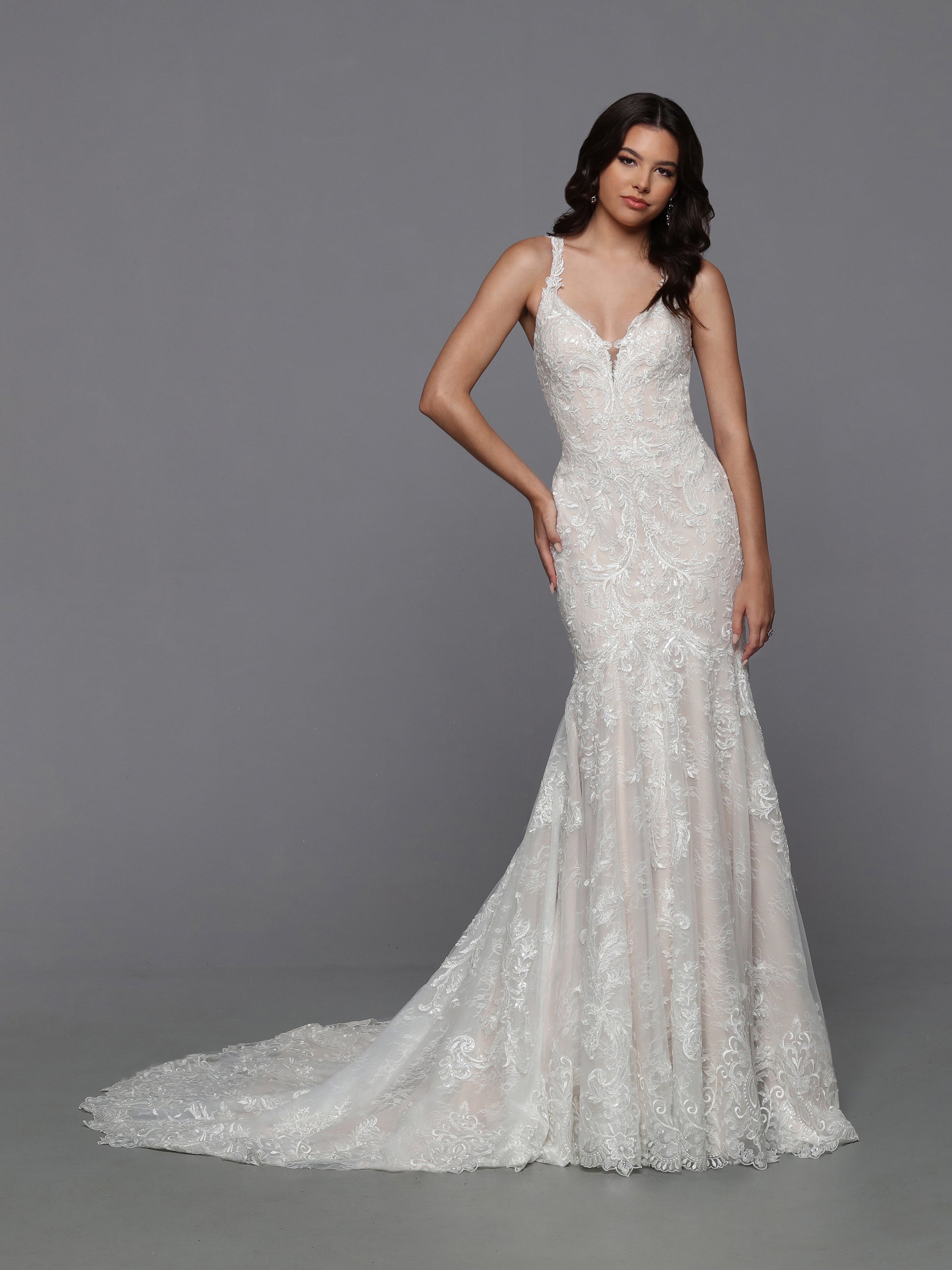 Davinci Bridal 50783 Mermaid Fit and Flare Lace V-Neck Detachable Train Wedding Gown 18 / Ivory/Ivory Davinci Bridal 50783 Mermaid Fit and Flare Lace V-Neck Detachable Train Wedding Gown 18 / Ivory/Ivory