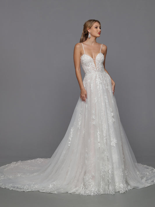 DaVinci Bridal 50786 A-Line Ballgown Plunging Neckline Spaghetti Straps Floral Lace Appliques Train Lace Up Back Wedding Gown. This pretty lace slip dress can be anything you want it to be. Wear it as shown for a soft A-line look or add a fluffy petticoat for a Cinderella ball gown vibe.