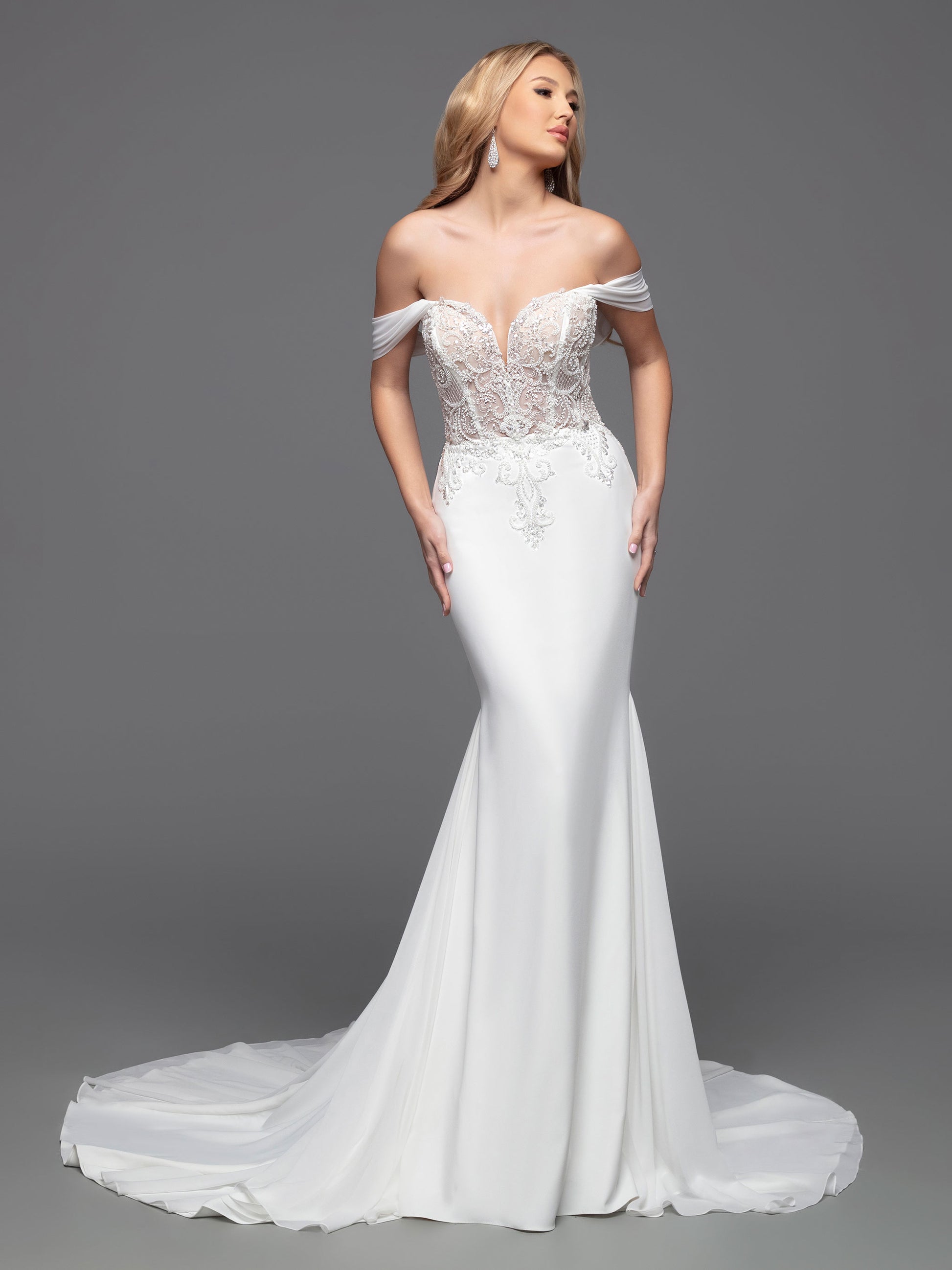 Davinci Bridal 50803 Sheer Beaded Bodice off the shoulder wedding dress train Corset 16 / Ivory Davinci Bridal 50803 Sheer Beaded Bodice off the shoulder wedding dress train Corset 16 / Ivory