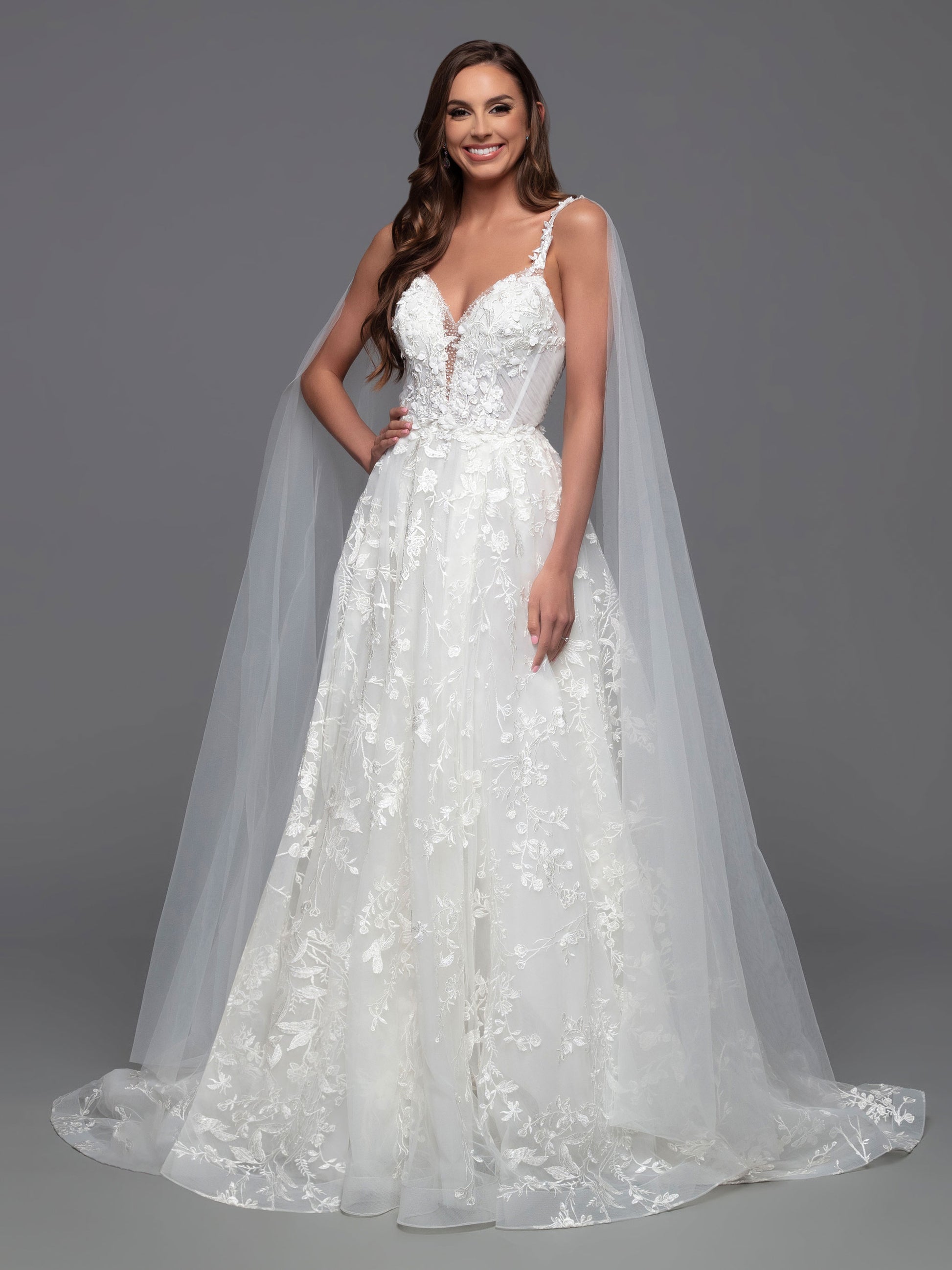 Davinci Bridal 50806 A Line Lace Cape Wedding Dress Sheer Crystal Plunging neckline 6 / Ivory Davinci Bridal 50806 A Line Lace Cape Wedding Dress Sheer Crystal Plunging neckline 6 / Ivory