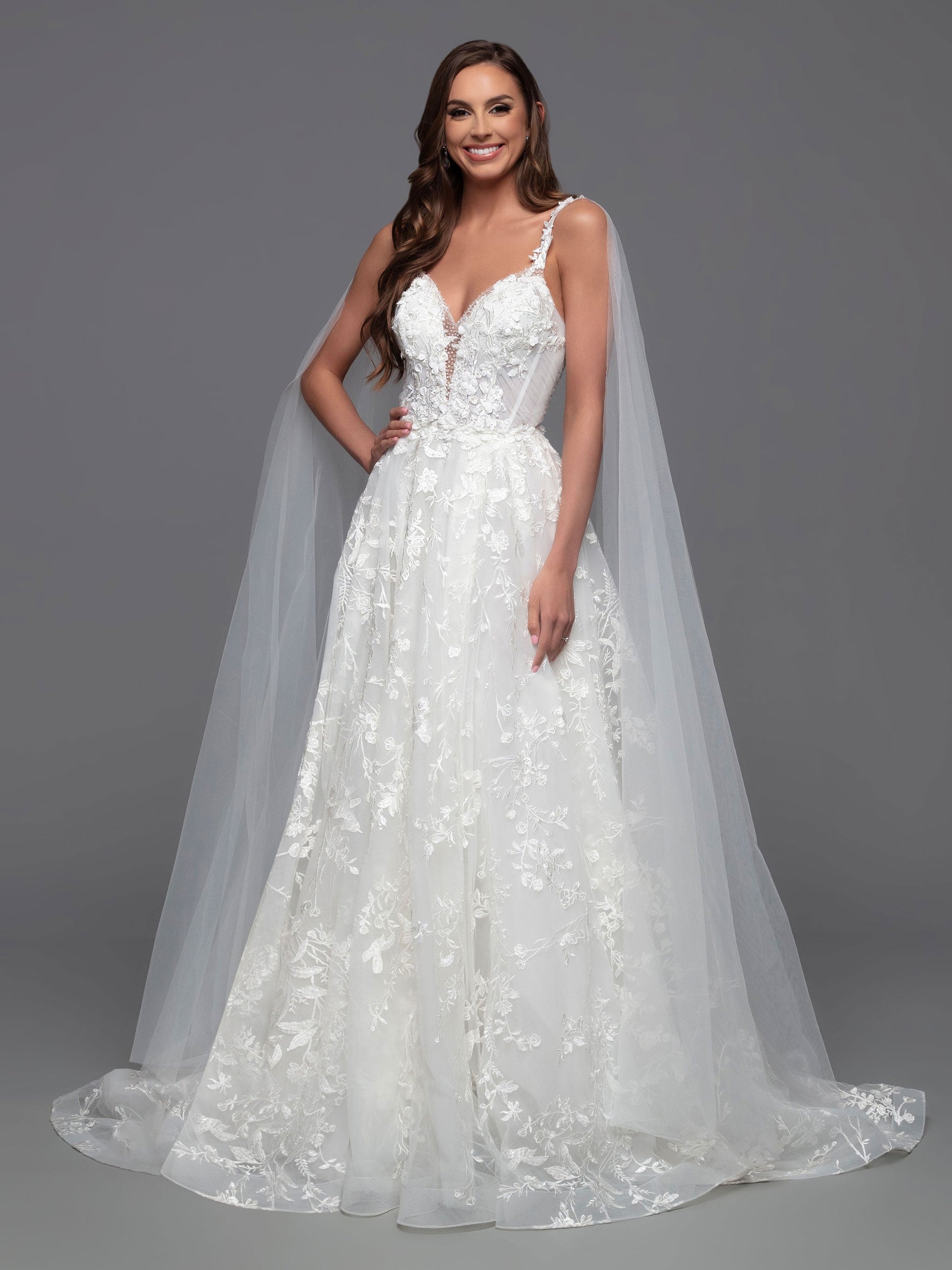 Davinci Bridal 50806 Size 14 Ivory A Line Lace Cape Wedding Dress Sheer Crystal Plunging Neckline Davinci Bridal 50806 Size 14 Ivory A Line Lace Cape Wedding Dress Sheer Crystal Plunging Neckline