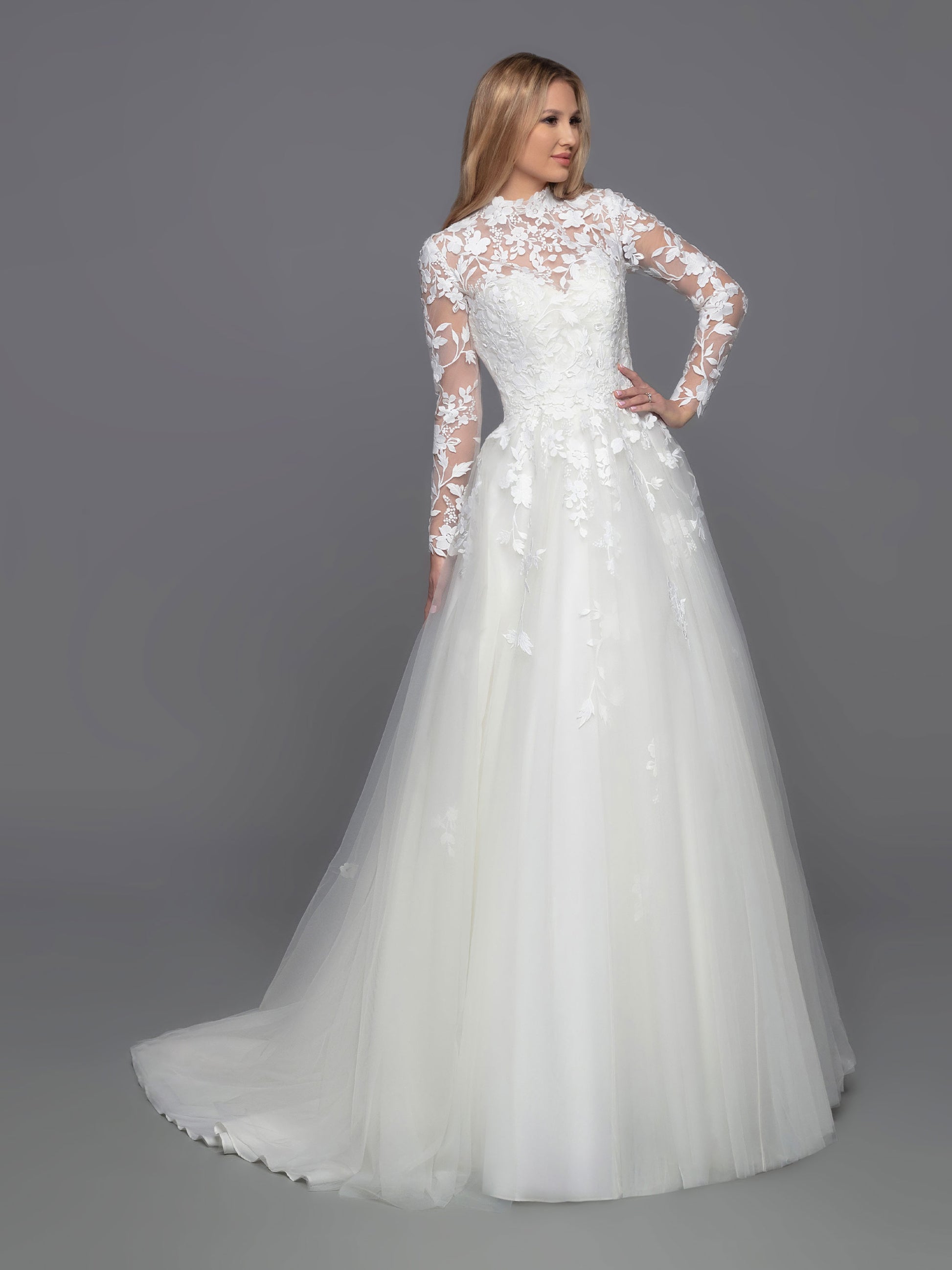 Davinci Bridal 50813 Long A Line Tulle Ballgown Wedding Dress Detachable Lace Long Sleeve High Neck 18 / Ivory Davinci Bridal 50813 Long A Line Tulle Ballgown Wedding Dress Detachable Lace Long Sleeve High Neck 18 / Ivory