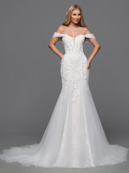 This exquisite Davinci Bridal gown features an ivory beaded lace corset that elegantly sculpts the silhouette. Designed in a flattering mermaid style, it gracefully hugs the body before flaring out, creating a timeless and sophisticated look. The off-the-shoulder neckline adds a romantic touch, perfect for a bride seeking classic elegance on her special day. Traditional with on-trend touches, this wedding dress features a sheer lace bodice and a mermaid-style skirt. The detachable off-the-shoulder straps so