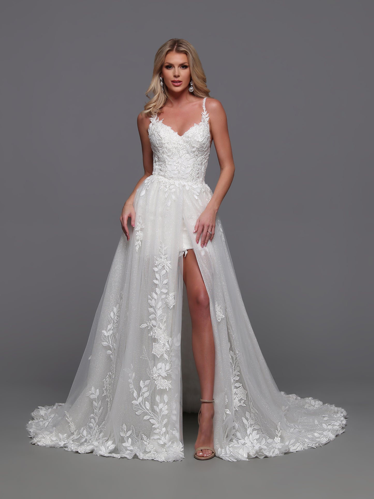 Davinci Bridal 50872 Size 8 Ivory Convertible Wedding Dress Overskirt Lace Short Bridal Gown Sequin Shimmer