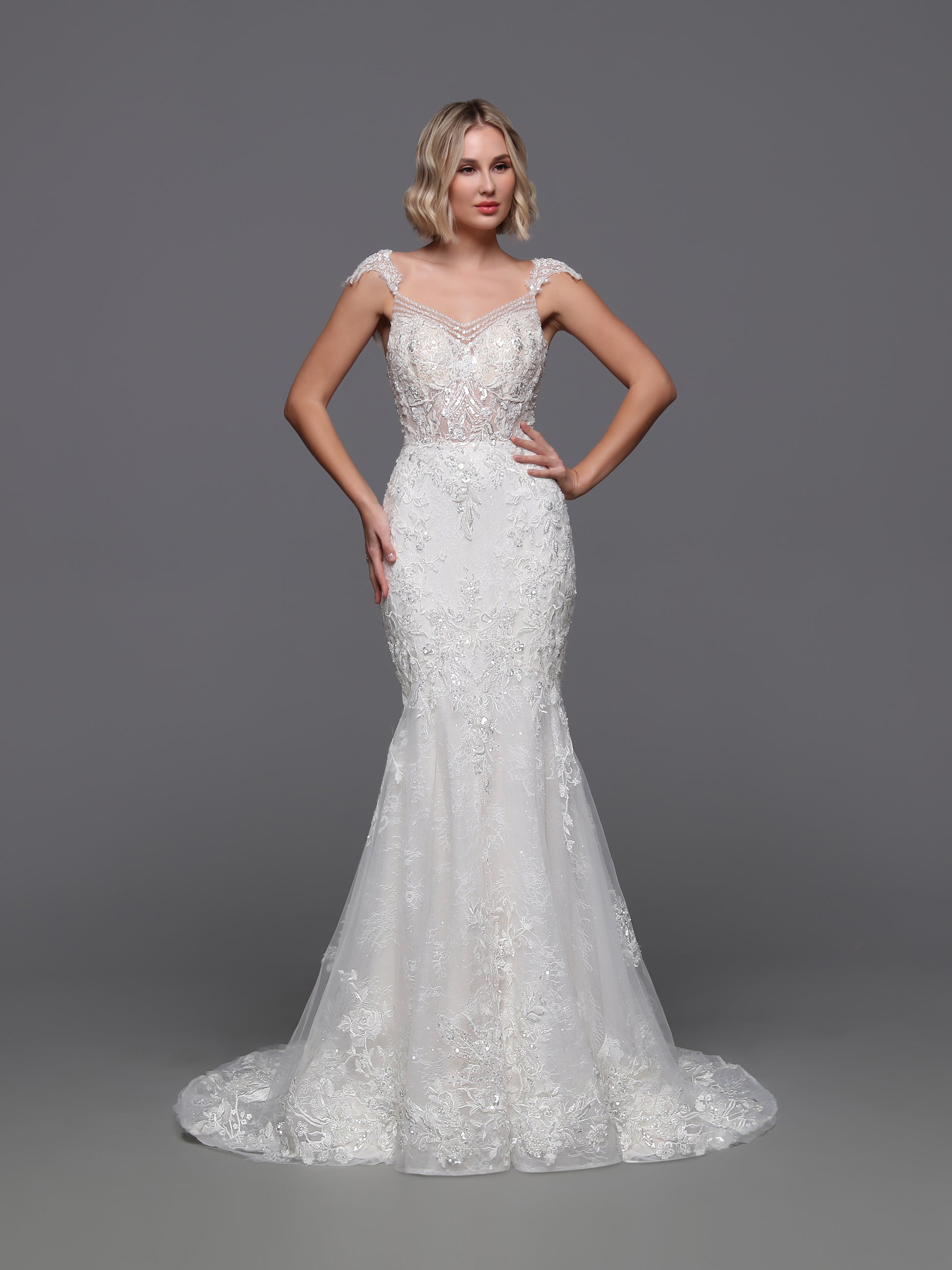 Davinci Bridal 50875 Sequin Lace Wedding Dress Overskirt Bridal Gown Backless Cap Sleeve 8 / Ivory/Ivory
