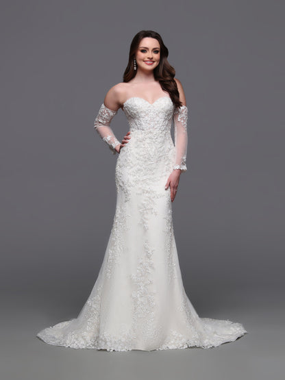 Indulge in elegance on your special day with the Davinci Bridal 50881 wedding dress. Flowing lace and intricate beading adorn the off the shoulder long-sleeves and corset back&nbsp; gown, leading into a stunning train. This mermaid-style dress is perfect for the modern bride who wants to make a statement. sequin shimmer