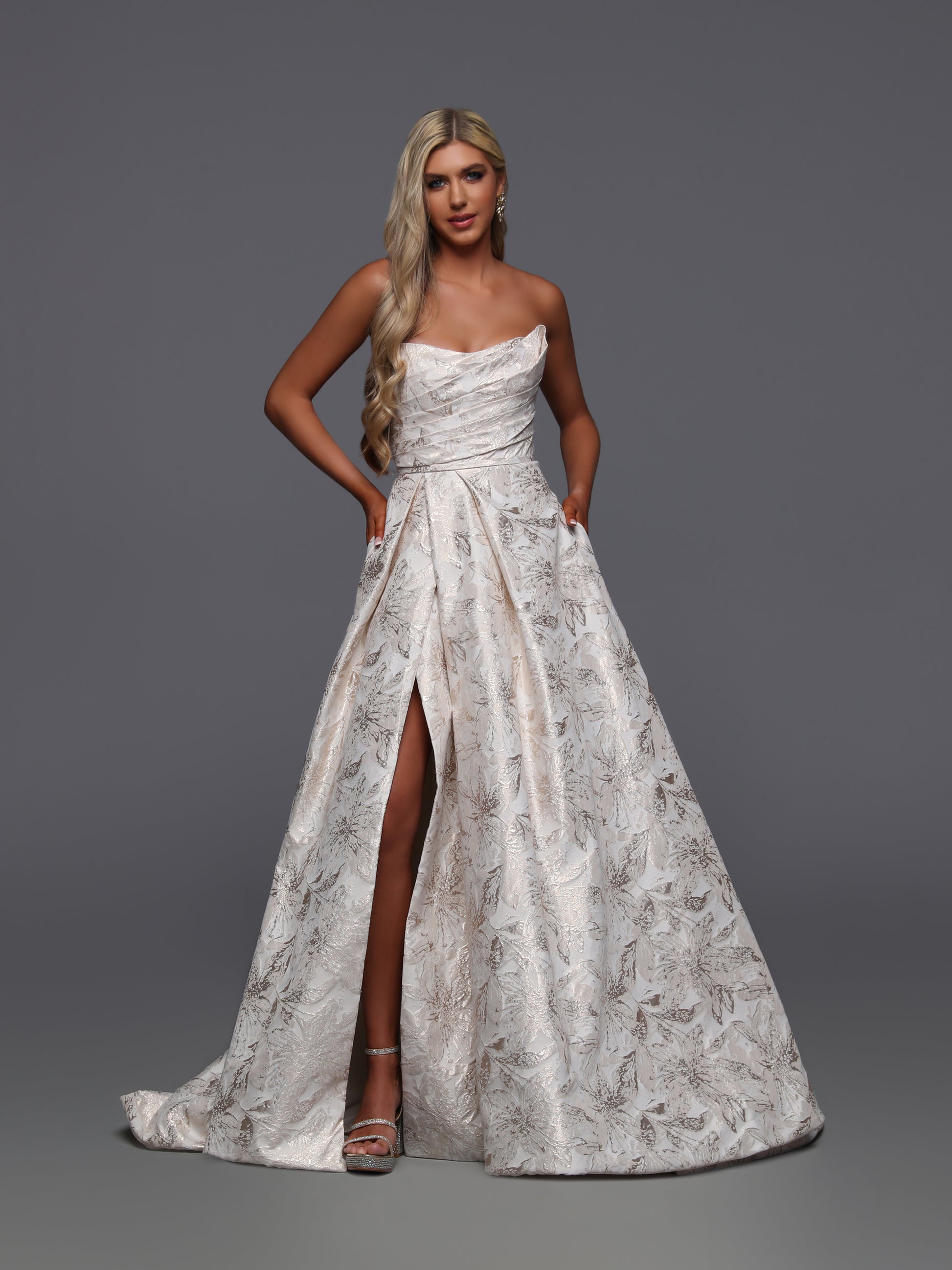Davinci Bridal 50936 Size 8 Rose Gold Brocade Maxi Slit Wedding Dress Strapless Bridal Gown Davinci Bridal 50936 Size 8 Rose Gold Brocade Maxi Slit Wedding Dress Strapless Bridal Gown