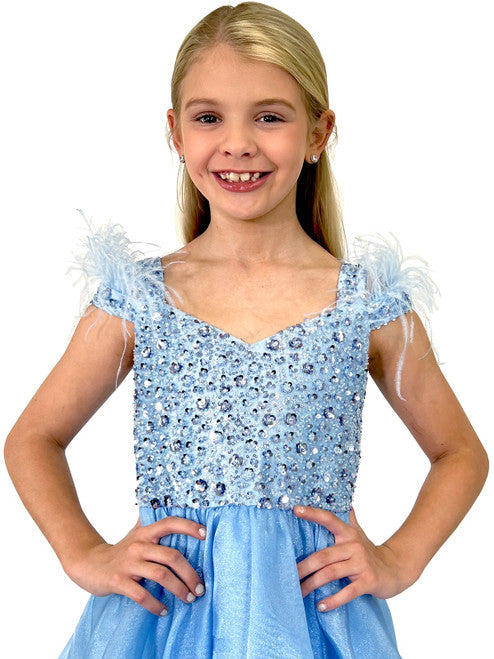 This exquisite Marc Defang 5143 Girls Pageant Dress features a feather off the shoulder straps, fully beaded bodice with shimmering layer organza skirt. The perfect dress for a special occasion, this dress will make your little girl feel like a princess.  Sizes: 4-14  Colors: Lilac, Baby Blue