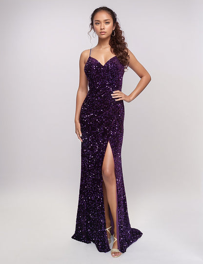 Nina Canacci 5302 Size 4 Navy Long Velvet Sequin Backless Slit Prom Dress Formal Evening Gown