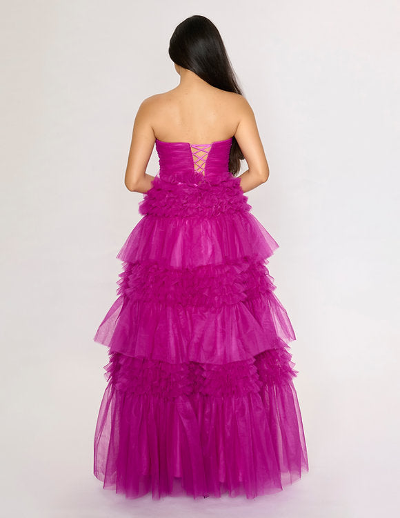 Nina Canacci 5305 Size 4 Magenta Long Layer Tulle A Line Prom Dress Maxi Slit Corset Ballgown