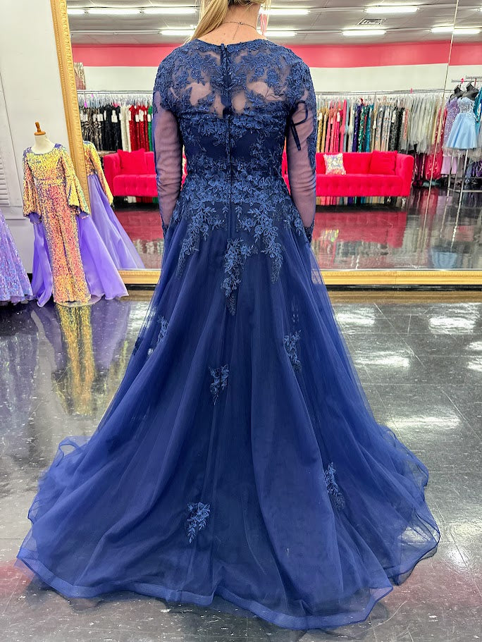 Nina Canacci 5310 Size 4 Navy Lace Long Sleeve A Line Dress Formal Mother Of Gown Evening