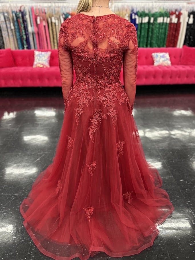 Nina Canacci 5310 Size 4 Burgundy Lace Long Sleeve A Line Dress Formal Mother Of Gown Evening