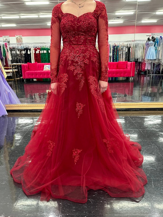 Nina Canacci 5310 Size 4 Burgundy Lace Long Sleeve A Line Dress Formal Mother Of Gown Evening