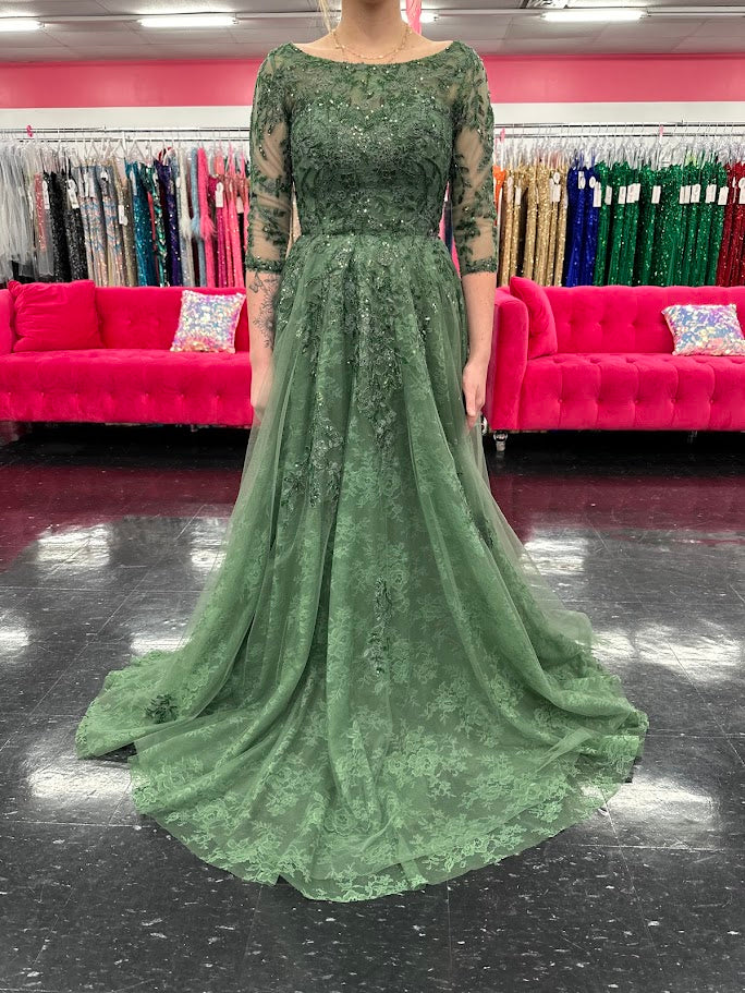 Nina Canacci 5311 Size 4 Olive Lace A Line Mother Of Dress Formal Sleeve Gown High Neck Evening