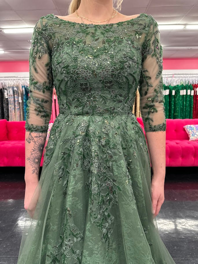 Nina Canacci 5311 Size 4 Olive Lace A Line Mother Of Dress Formal Sleeve Gown High Neck Evening