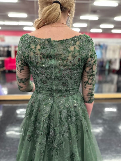 Nina Canacci 5311 Size 4 Olive Lace A Line Mother Of Dress Formal Sleeve Gown High Neck Evening