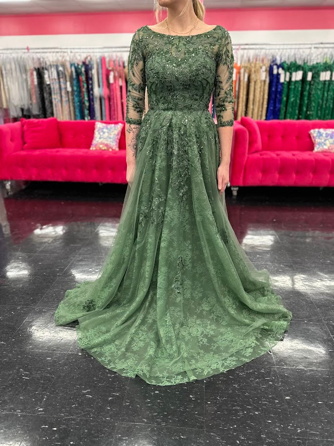 Nina Canacci 5311 Size 4 Olive Lace A Line Mother Of Dress Formal Sleeve Gown High Neck Evening