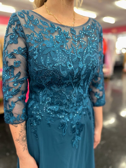 Nina Canacci 5312 Size 4 Teal Lace Chiffon long Sleeve Mother of Dress Formal Evening Wedding Guest Gown