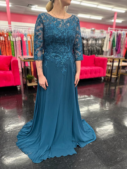 Nina Canacci 5312 Size 4 Teal Lace Chiffon long Sleeve Mother of Dress Formal Evening Wedding Guest Gown