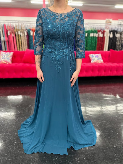 Nina Canacci 5312 Size 4 Teal Lace Chiffon long Sleeve Mother of Dress Formal Evening Wedding Guest Gown