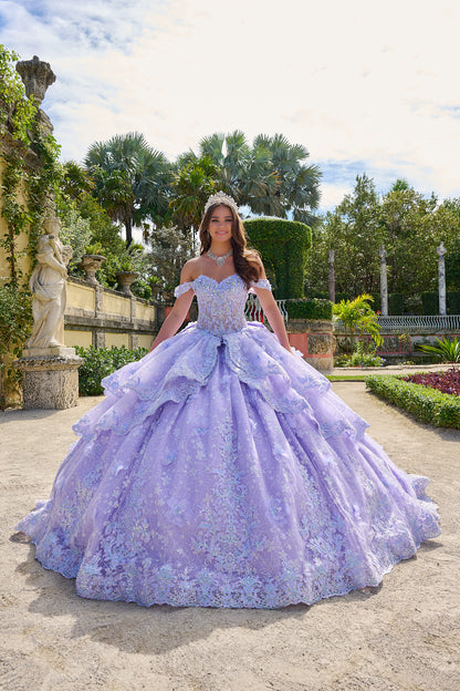 Get ready to shine in this enchanting quinceañera gown! The sweetheart neckline radiates elegance, while off-the-shoulder sleeves bring a playful charm. With its fitted bodice and full-length ball gown silhouette, you'll captivate everyone's gaze. But what truly sets this gown apart are its special touches. Delicate lace 