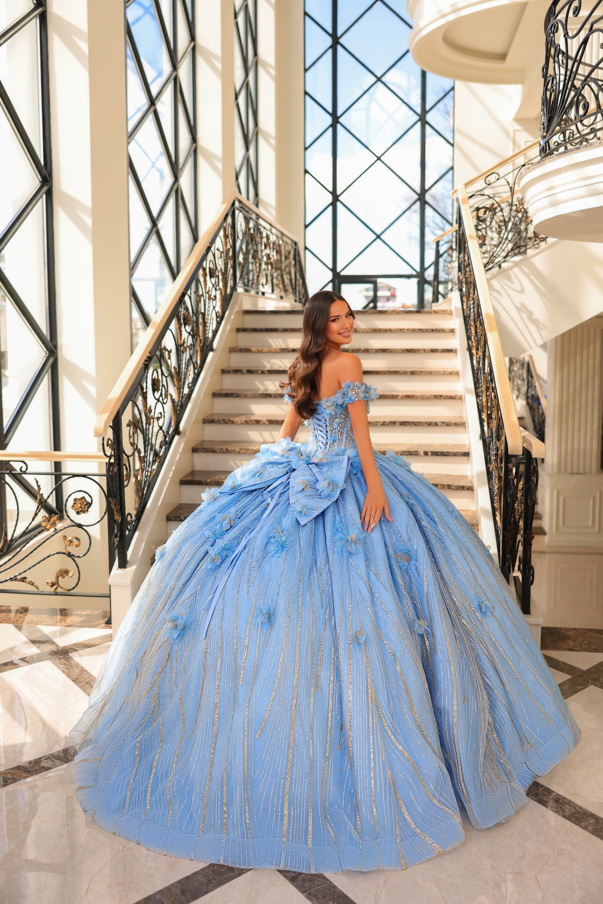 Gold Quinceanera Light Blue Dress For 15 Sky Blue Ball Gown Quinceanera Dresses Pearls Flowers Beaded Gold Quinceanera Light Blue Dress For 15 Sky Blue Ball Gown Quinceanera Dresses Pearls Flowers Beaded