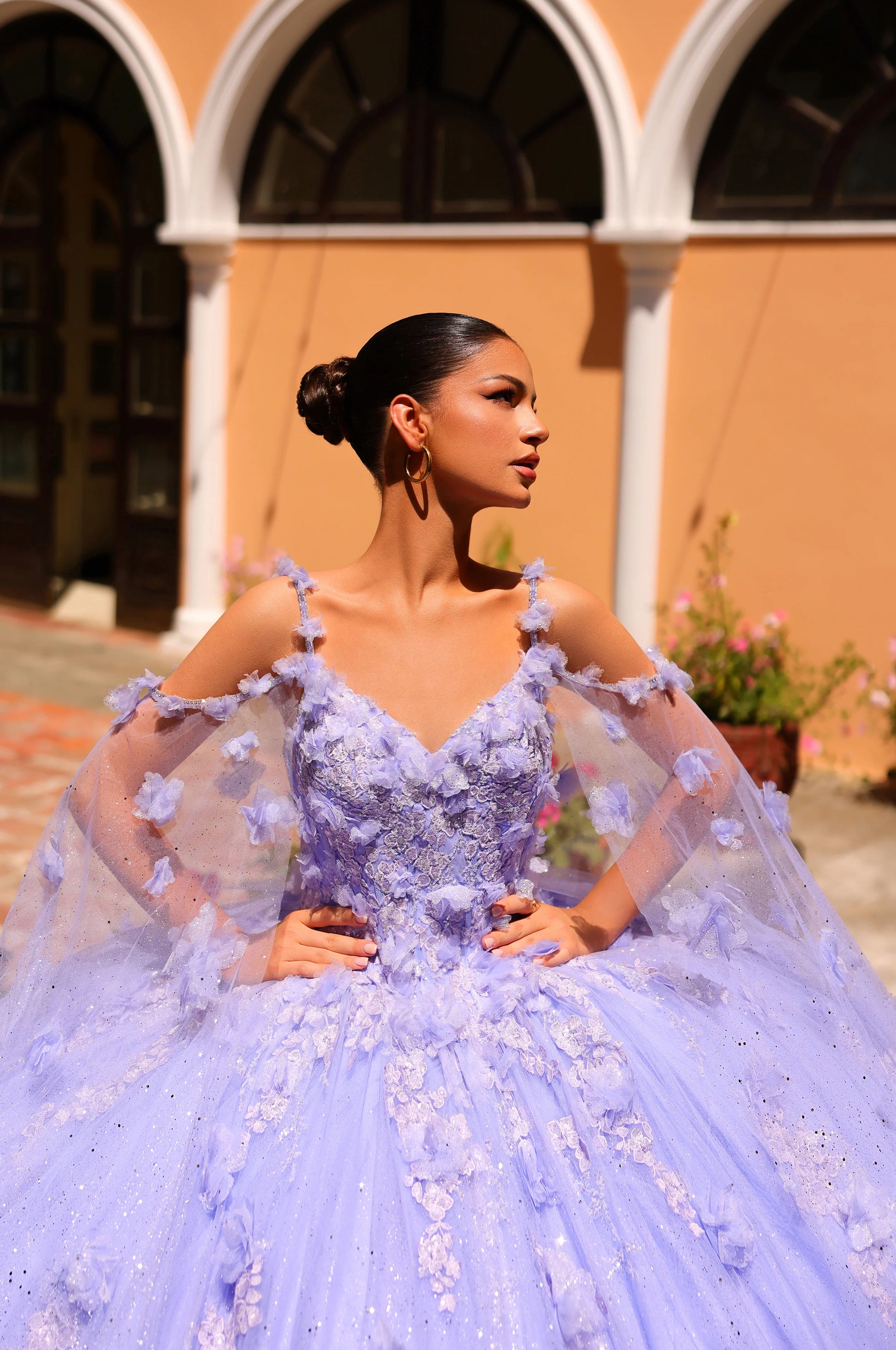 Amarra 54254 Quinceanera Dress Sequin Lace Cape Sleeve Ball Gown Train 3D Flowers 8 Periwinkle Glass Slipper Formals