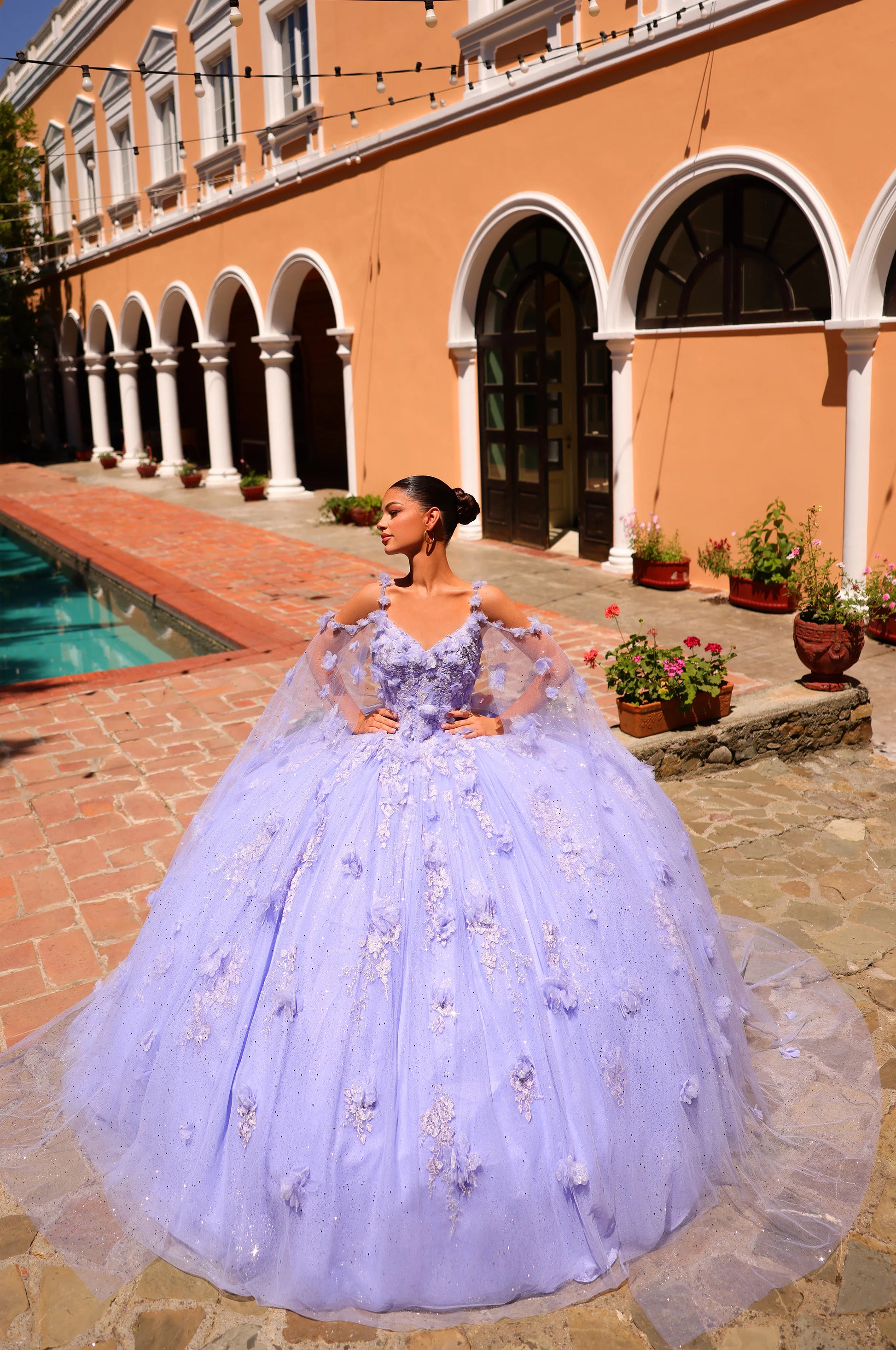 Amarra 54254 Quinceanera Dress Sequin Lace Cape Sleeve Ball Gown Train 3D Flowers 8 / Periwinkle Amarra 54254 Quinceanera Dress Sequin Lace Cape Sleeve Ball Gown Train 3D Flowers 8 / Periwinkle