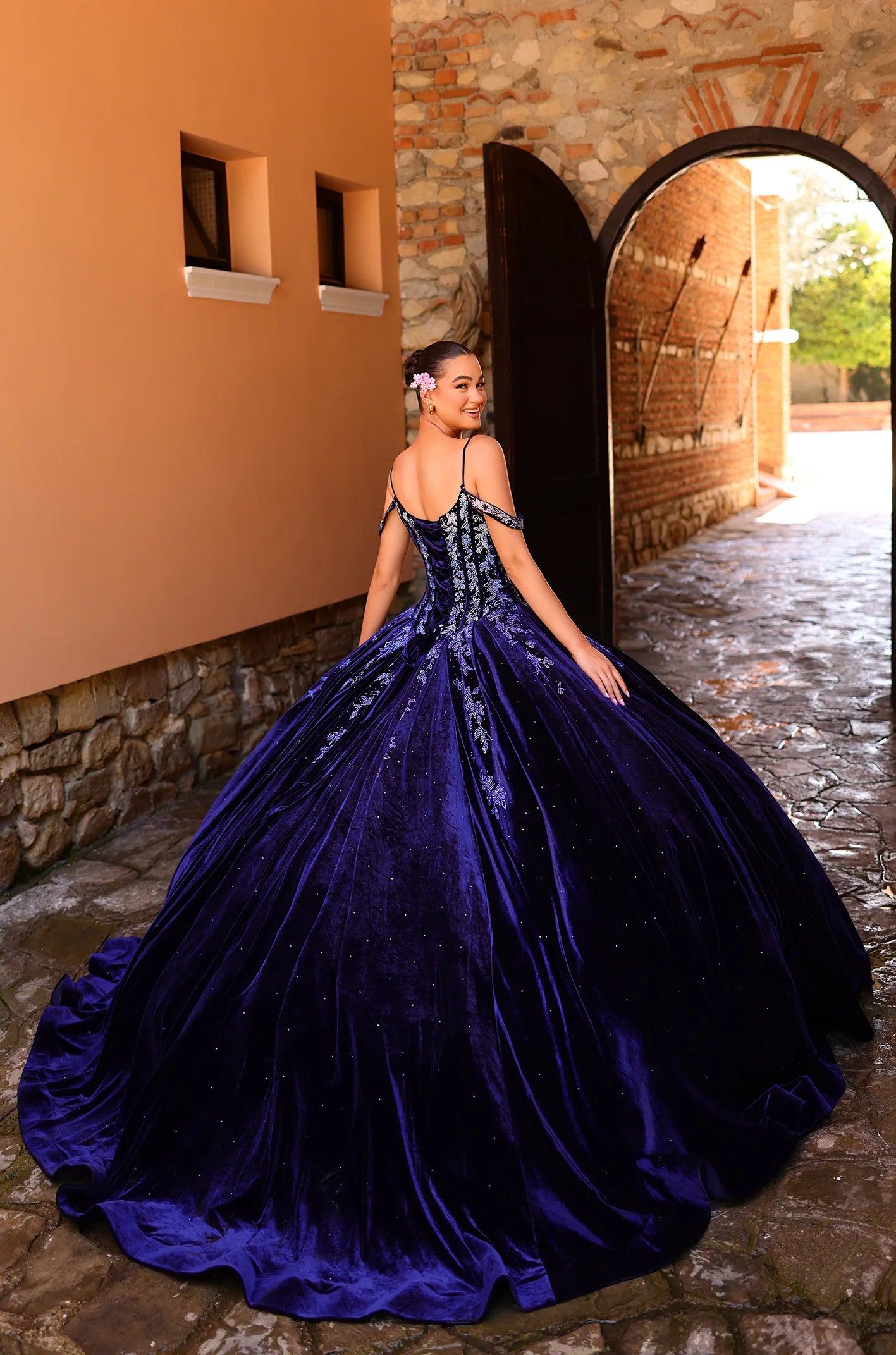 This elegant Amarra 54316 Velvet quinceanera dress is designed with a crystal corset, off-the-shoulder neckline, and princess ball gown silhouette. Made with soft velvet fabric, this dress will make any quinceanera celebration unforgettable. Perfect for a formal party or special occasion, this dress exudes sophistication and grace.