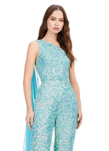Ashley Lauren 11384 Fully Beaded With Removable Chiffon Cape One Shoulder Open Back Jumpsuit Prom Formal