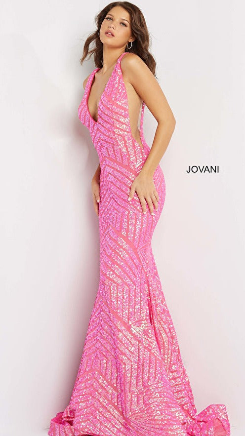Jovani 59762 Size 0 Blush Nude Sequin Embellished Mermaid prom dress Pageant Gown plunging neckline