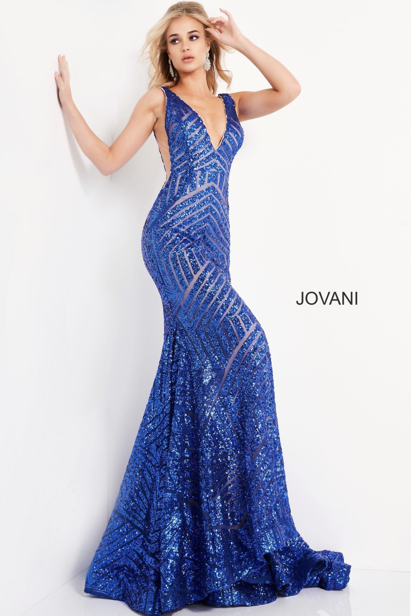 Jovani 59762 Long Prom Dress Sequin Embellished Mermaid Prom Dress Pageant Gown plunging neckline
