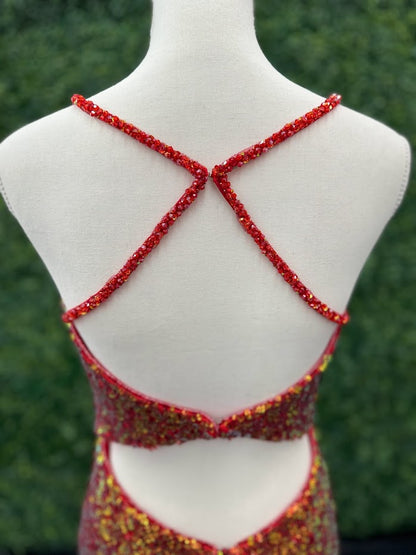 VIENNA Prom 60096 Sequin Short Fitted Neon Homecoming Dress Slit Cocktail Dress Formal  Sizes: 6  Colors: Lava (Red/Orange)