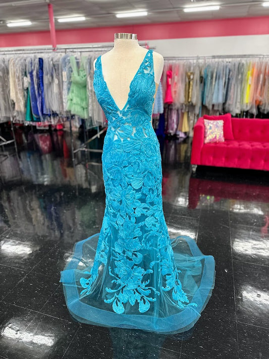 Jovani 60283 Size 10 Turquoise Sheer Sequin Formal Prom Dress Sequin Gown