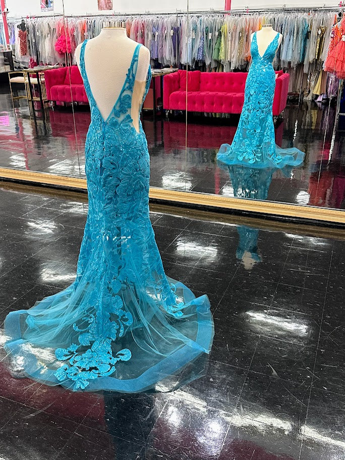 Jovani 60283 Size 10 Turquoise Sheer Sequin Formal Prom Dress Sequin Gown