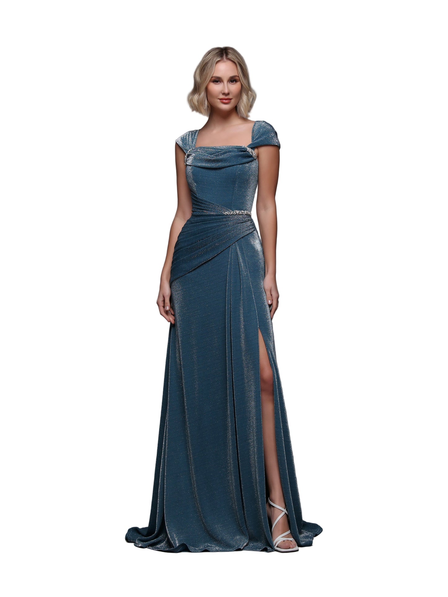 Turn heads in this daring teal shimmer gown featuring a long, fitted silhouette that flatters every curve. The cap sleeves add a touch of elegance, while the dramatic ruffle slit gives a bold edge for confident evening wear. Perfect for making a lasting impression at any formal event.

Size: 10

Color: Teal