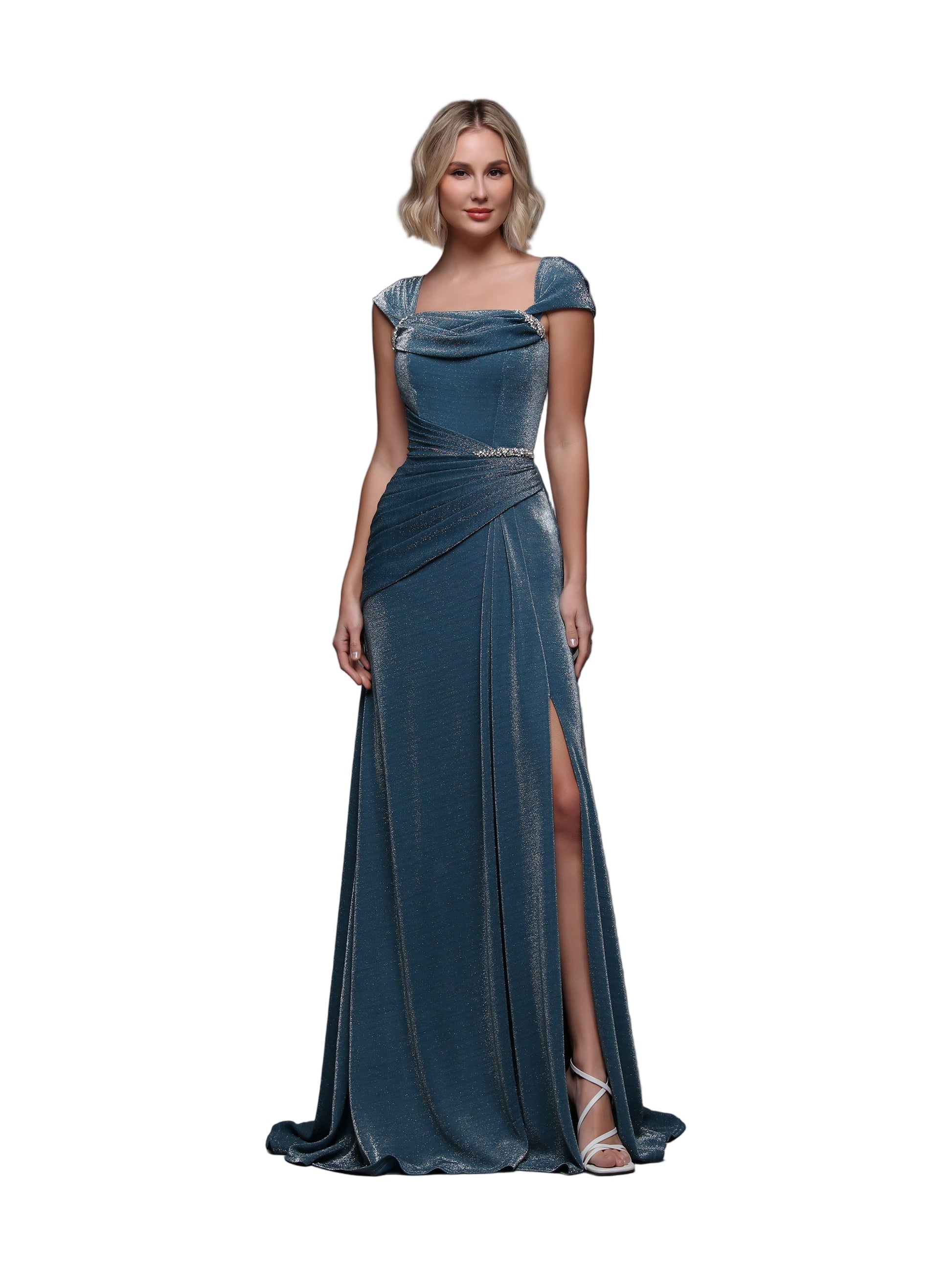 Turn heads in this daring teal shimmer gown featuring a long, fitted silhouette that flatters every curve. The cap sleeves add a touch of elegance, while the dramatic ruffle slit gives a bold edge for confident evening wear. Perfect for making a lasting impression at any formal event.

Size: 10

Color: Teal