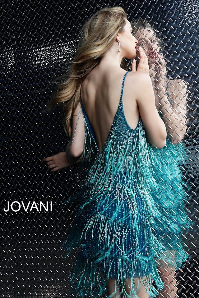 The Jovani 61883 dress is perfect for your homecoming or cocktail event. It features a fringe spaghetti strap V-neck and is made of luxurious fabric for a comfortable and stylish fit. The design is sure to make you shine.