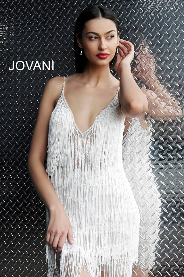 The Jovani 61883 dress is perfect for your homecoming or cocktail event. It features a fringe spaghetti strap V-neck and is made of luxurious fabric for a comfortable and stylish fit. The design is sure to make you shine.