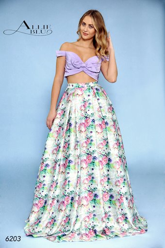 Allie Blue 6203 Long two piece Satin Print A Line Prom Dress off the shoulder Ballgown