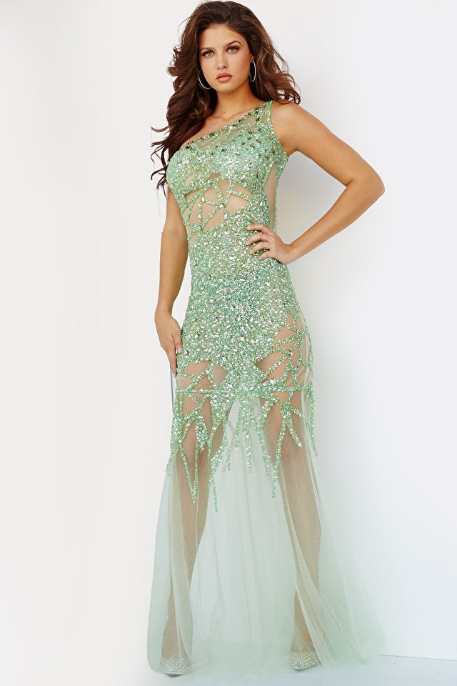 Jovani 6395 Beaded Illusion Tulle Sheath Asymmetric Neckline Prom Dress