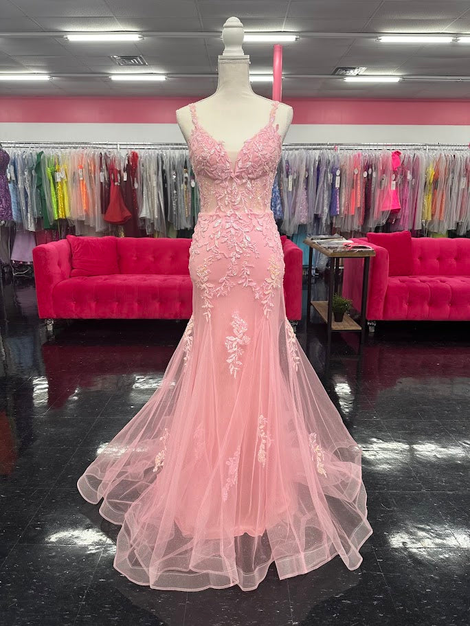 This Nina Canacci 6627 gown in size 4 combines elegance and sparkle with its sheer corset-style bodice featuring delicate lace straps and a lace-up back. The glitter tulle mermaid skirt adds a shimmering finish, creating a sophisticated silhouette perfect for prom or formal occasions. Its refined design ensures you stand out with timeless grace and modern charm.

Size: 4

Color: Pink
