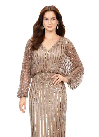 slim fit dress slacks Faux-Wrap Long Sequin Formal Dress with Long Sleeves Burgundy / Small main image 0