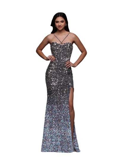Be the belle of the ball in the Candice Wang 72315 Prom Dress. Made from luxurious silver velvet with stunning sequin ombre detailing, this dress is sure to turn heads. The corset bodice provides a perfect fit and the slit adds a touch of elegance. Make a statement at your next formal event.

Sizes: 6, 16

Colors: Silver