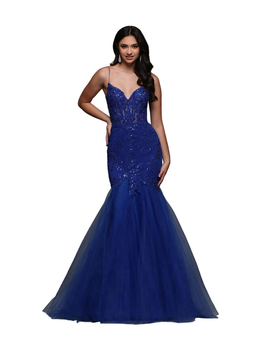 Elevate your prom night or formal event with the Candice Wang 72321 Lace Sheer Corset Mermaid Prom Dress. Made with intricate lace and a stunning cut out back, this dress will make you stand out from the crowd. The corset design provides a flawless fit, while the sequin embellishments add a touch of glamour. Make a statement in this timeless and elegant gown.   Sizes: 0-20  Colors: Black, Red, Cobalt