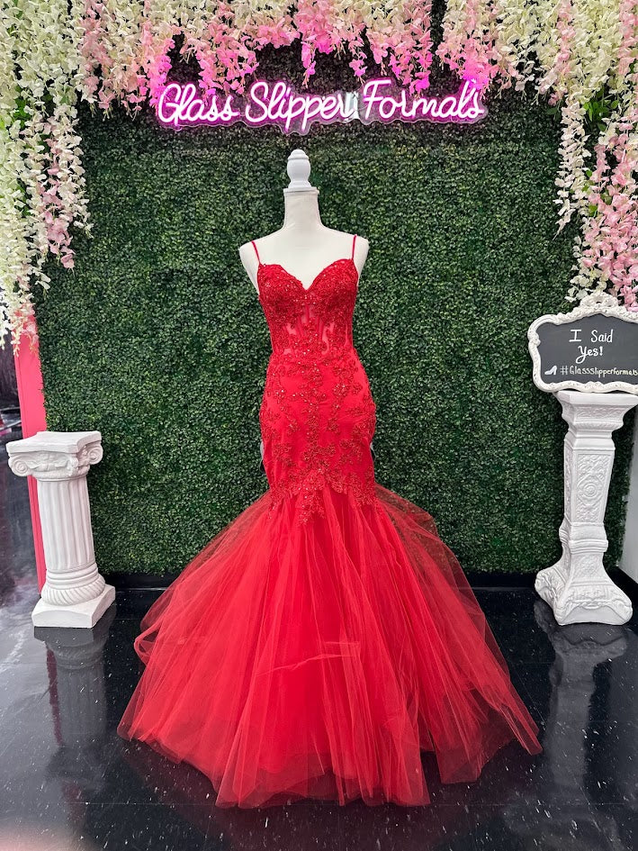 red mermaid prom dresses Luxury Beaded Crystals Diamond Pleated Velvet Party Gowns Neck Mermaid Pleated Layered Long Prom Dress with Slit Candice Wang 72321 Size 4