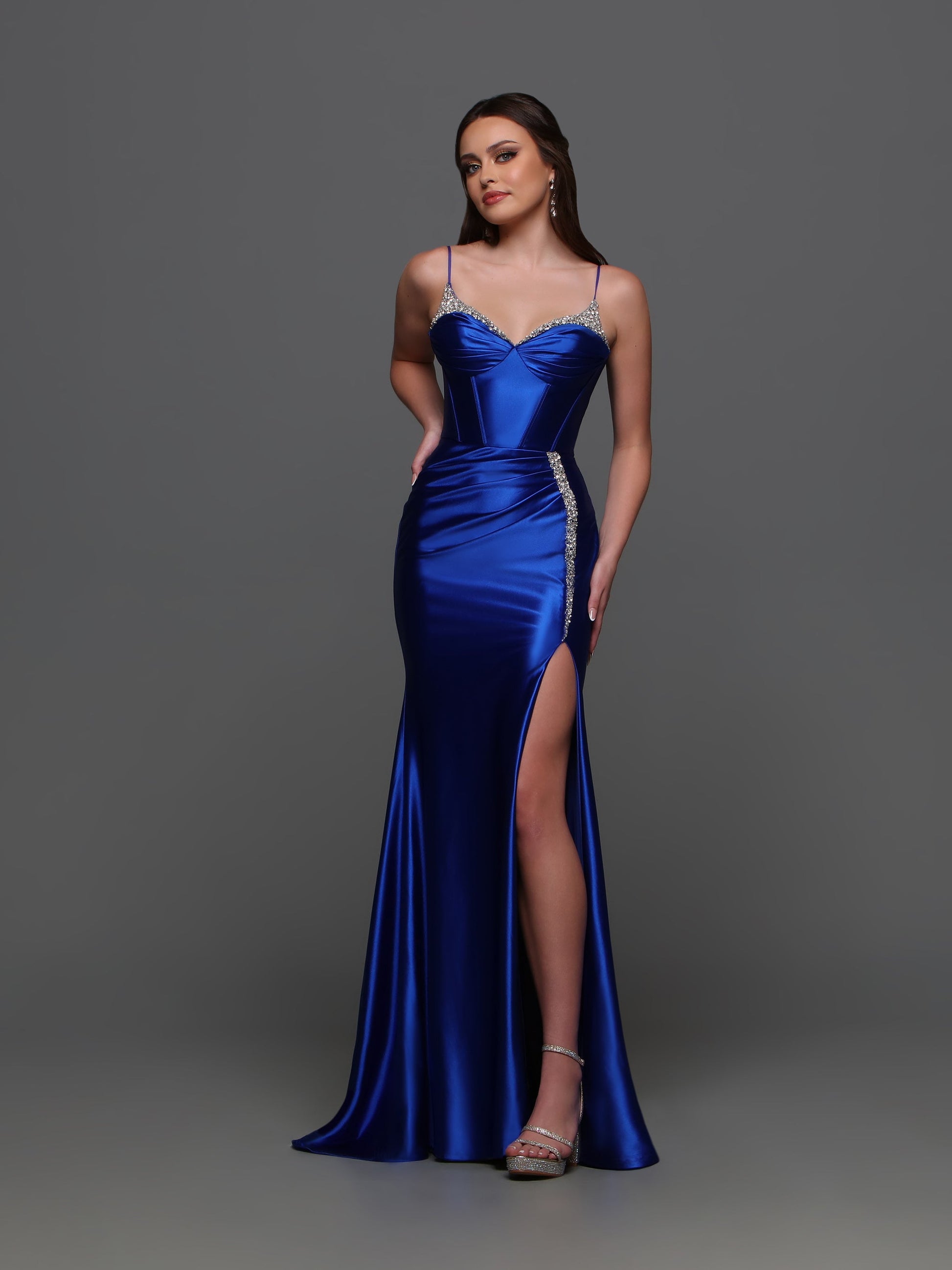 Long Royal Blue Satin Corset Dress With Slit – Lisposa