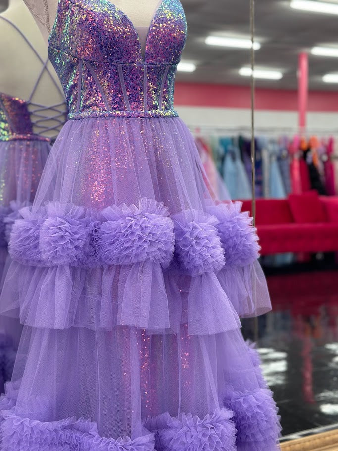 Candice Wang 72377 Size 4, 10 Purple Sequin V Neck Fitted Prom