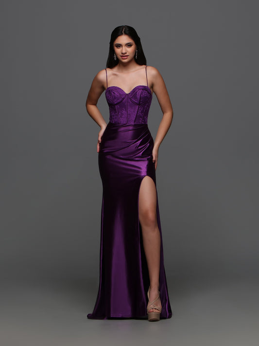 Candice Wang 72392 Size 4 Purple Lace Corset Satin Fitted Formal Dress Prom Slit Cut Out Back Gown