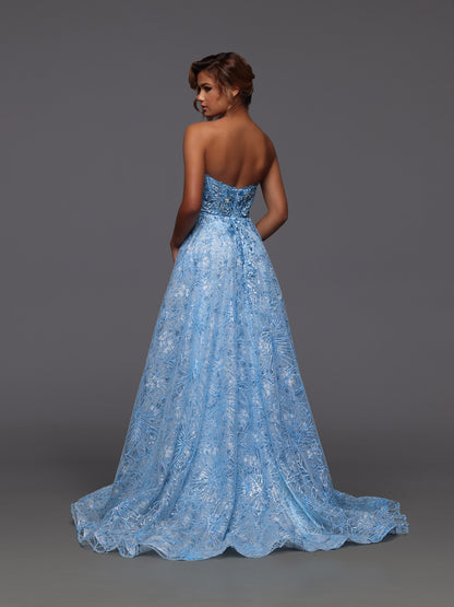Candice Wang 72470 Size 4 Ice Blue Sheer Corset Prom Dress A Line 3D Lace Shimmer Maxi Slit